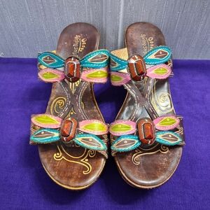 Spring Step Bonita Sandals Dragonfly Wedge Heel Leather Hand Painted